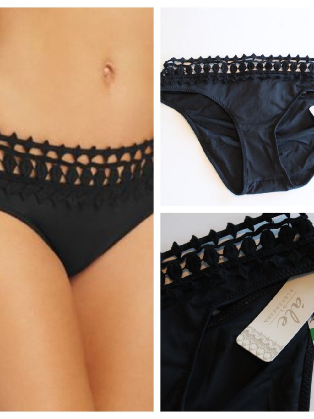 Ale by Alessandra Free Spirit Crochet Bikini Swim Bottom Large Black NWT